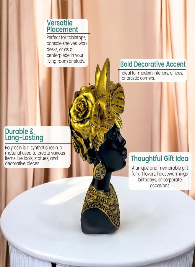 Bianco Golden Butterfly Goddess Bust Polyresin Showpiece 26 cm African Queen Figurine Black & Gold Statue for Home Decor Living Room Office Table Gift | Tabletop Decorative Showpiece - Image 3
